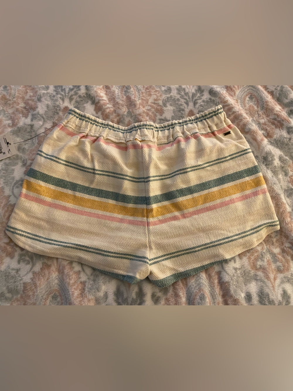 O'Neill Cream Striped Athletic Shorts with Green, Yellow & Pink Accents - Picture 3 of 3
